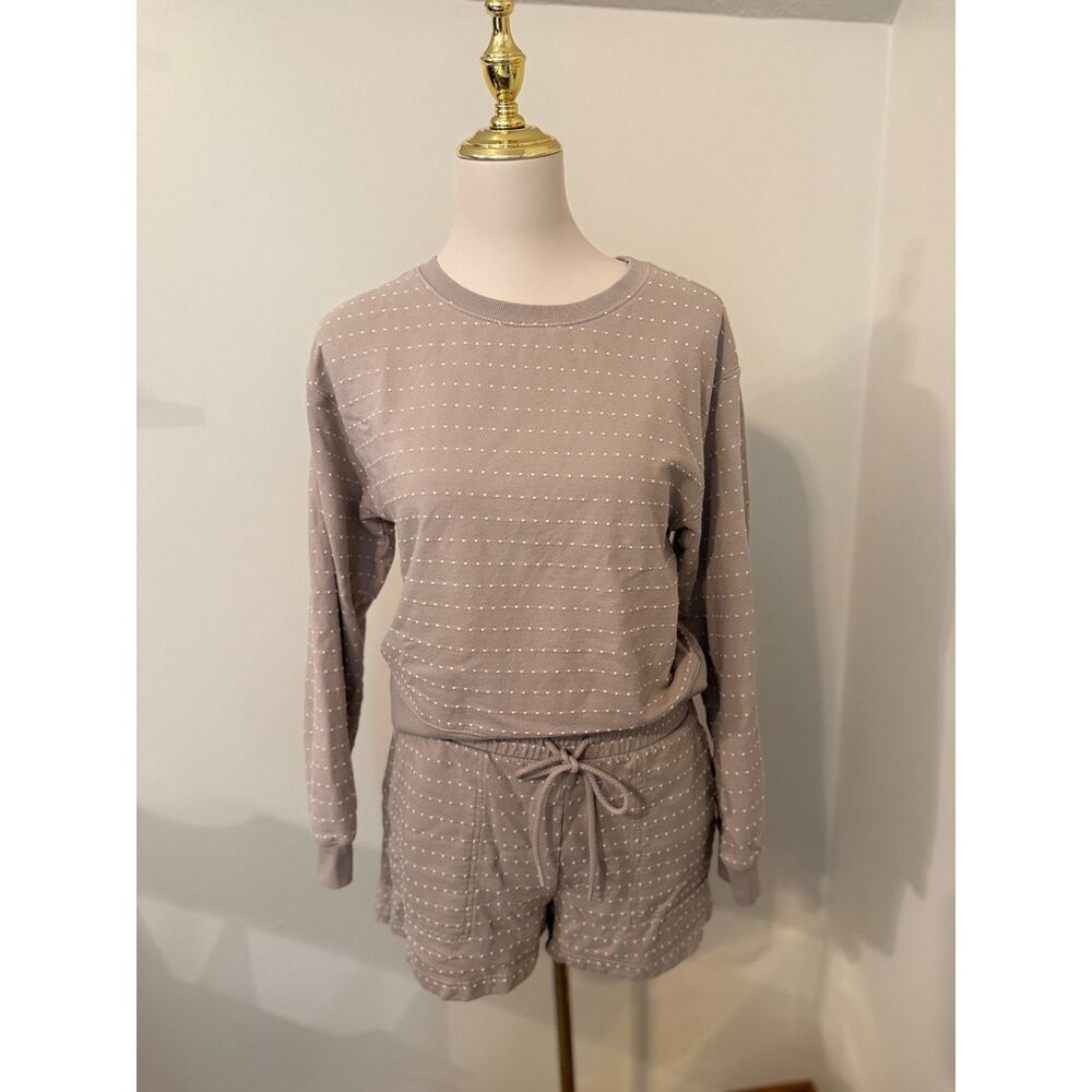 Lou & Grey Matching Sweatshirt Shorts Set XS/S Taupe White Dot Lounge